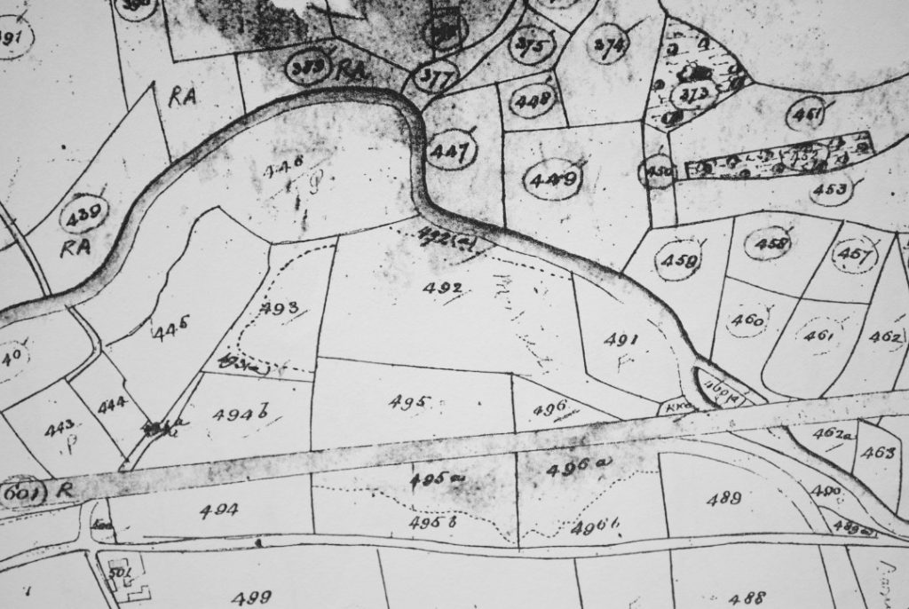 From an 1850 map showing the railway (North is to the right)