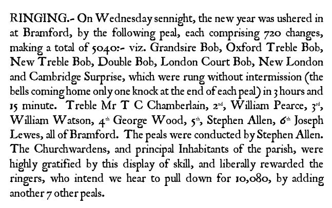 1817 peal Suffolk Chronicle 11 Jan 1817 transcript